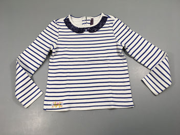 T-shirt m.l blanc rayé bleu irisé col sequins, légèrement bouloché