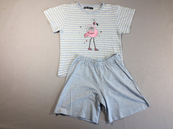Pyjama jersey 2 pièces t-shirt m.c et short ligné bleu et blanc flamant rose