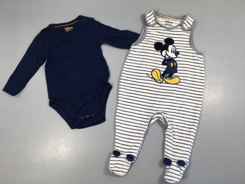 Pyjama s.m velours blanc rayé bleu Mickey + Body m.l bleu foncé
