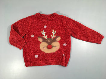 Pull chenilles rouge renne sequins Noël