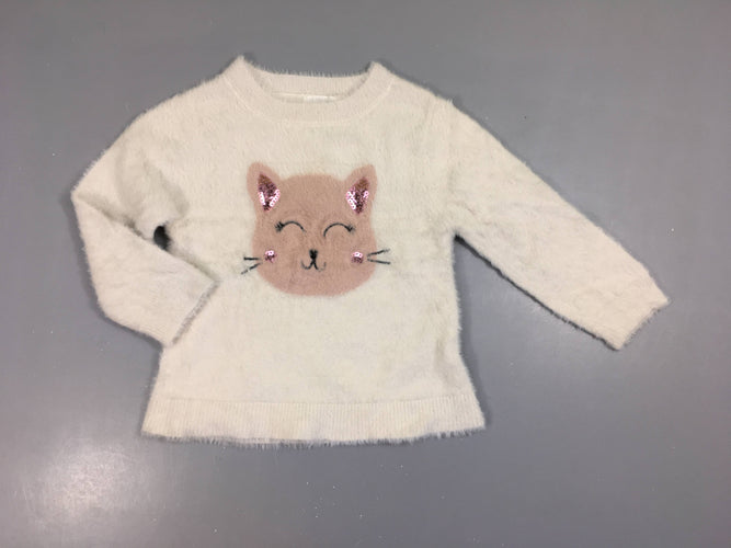 Pull duveteux blanc chat sequins, moins cher chez Petit Kiwi