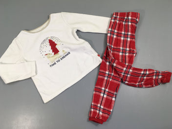 Pyjama 2pcs velours blanc sapin, bas flanelle carreaux rouge
