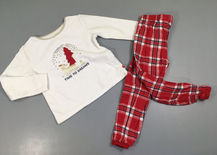 Pyjama 2pcs velours blanc sapin, bas flanelle carreaux rouge, moins cher chez Petit Kiwi