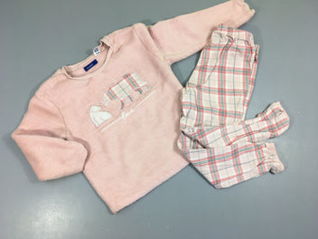Pyjama 2pcs velours rose ours bas flanelle carreaux