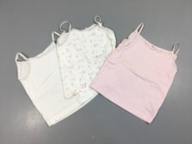 Lot de 3 chemisettes fines bretelles blanches rayé rose/fleurs, moins cher chez Petit Kiwi