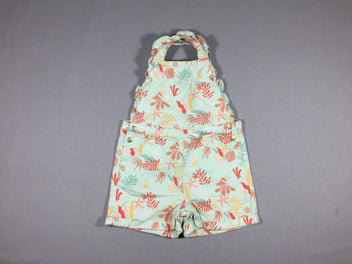 Salopette short vert d'eau feuillage corail volants - bretelles croisées ou non