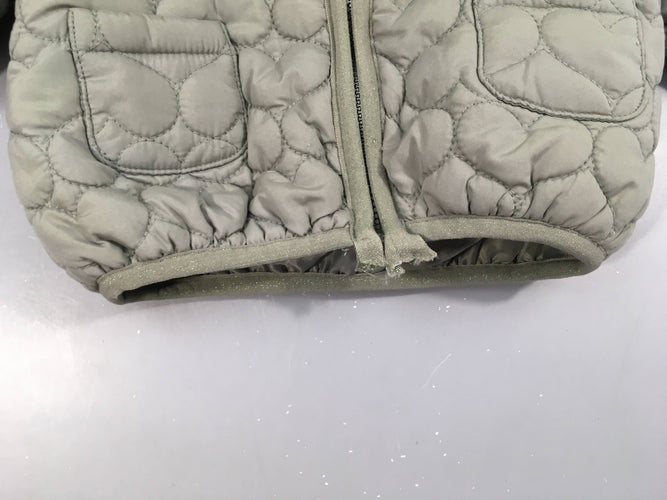 Doudoune light à capuche vert coeurs, finitions des liserets pas finie, moins cher chez Petit Kiwi