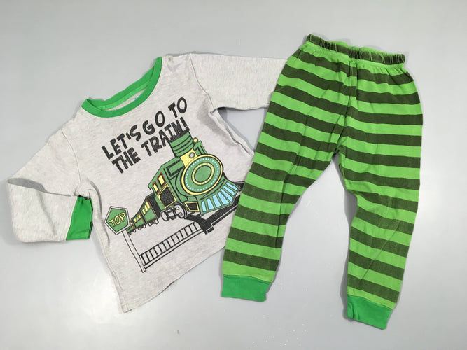Pyjama 2pcs jersey gris chiné train, flocage craquelé, moins cher chez Petit Kiwi