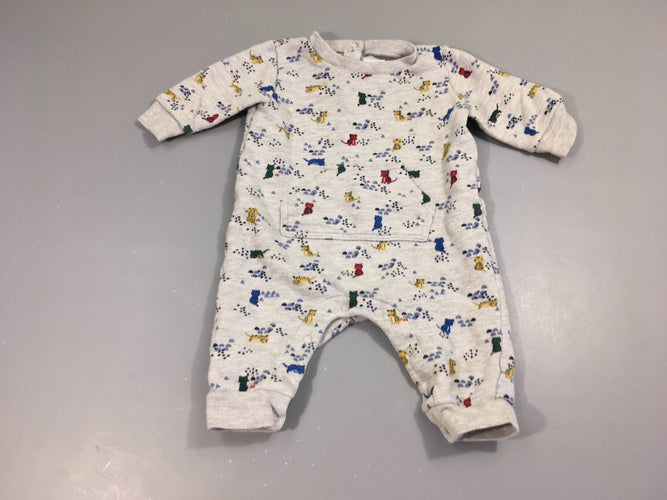 Combinaison molleton gris félins légèrement bouloché, moins cher chez Petit Kiwi