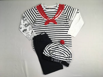 Pyjama 2pcs jersey blanc rayé noir effet col marin + Bonnet pompon