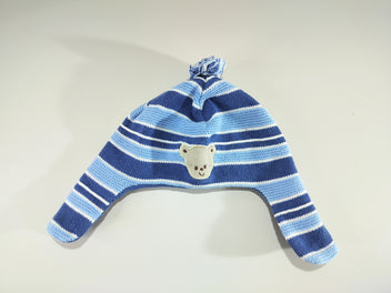 Bonnet/chapka pompon rayé bleu , tête d'ours, doublé jersey -44cm