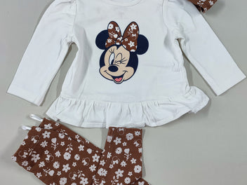 T-shirt m.l blanc Minnie + Legging brun à fleurs + bandeau brun à fleurs