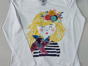 T-shirt m.l blanc fille cheveux à paillettes sequins réversibles étoiles fleurs en tulles