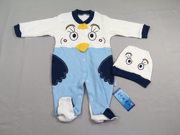 Neuf-Pyjama jersey blanc-bleu poulet + Bonnet
