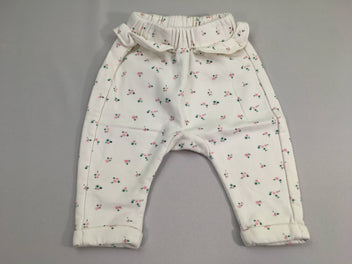 Pantalon molleton blanc cassé fleuri rose froufrou taille