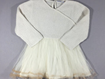 Robe blanche haut style pull côtelé (10¨%laine) et jupe en tule souple
