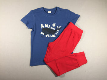 Pyjama 2pièces- T-shirt m.c bleu baleine et Pantalon rouge