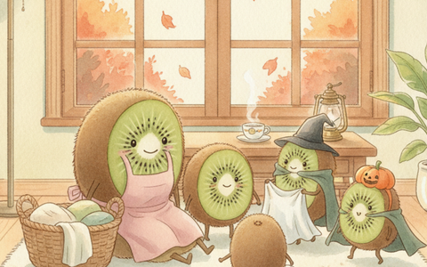 Illustration aquarelle style Ghibli : enfants kiwi qui essaient des déguisements d'Halloween en seconde main chez Petit Kiwi