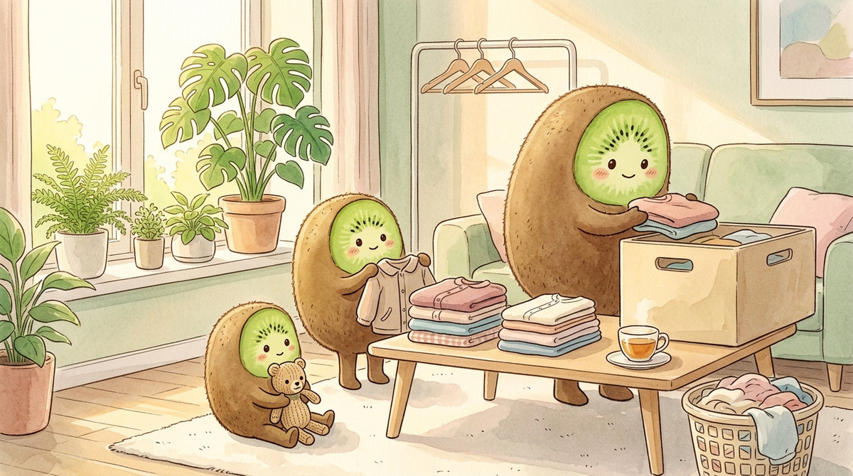 Maman kiwi-fruit et ses enfants triant des vêtements devenus trop petits à la maison, préparant une caisse de dépôt pour Petit Kiwi, illustration aquarelle style Ghibli