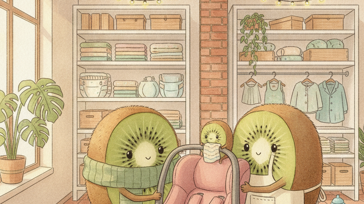 Illustration aquarelle style Ghibli : personnages kiwi-fruits en famille dans un intérieur belge chaleureux, avec un siège auto d'occasion, seconde main Petit Kiwi