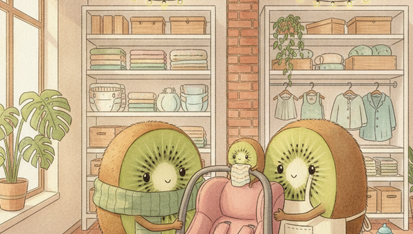 Illustration aquarelle style Ghibli : personnages kiwi-fruits en famille dans un intérieur belge chaleureux, avec un siège auto d'occasion, seconde main Petit Kiwi