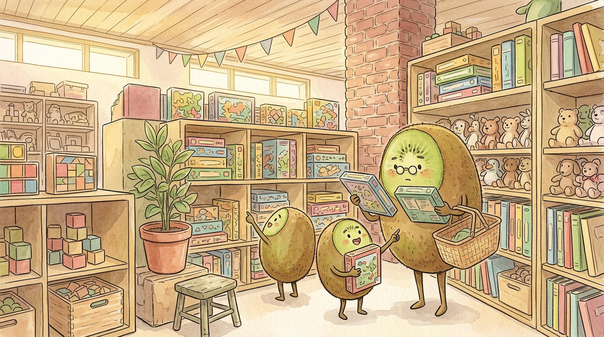 Famille kiwi-fruit au rayon jouets éducatifs de Petit Kiwi — jeux de société, livres jeunesse, jouets en bois — illustration aquarelle style Ghibli