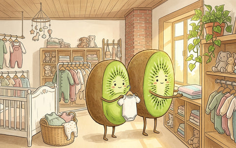 Couple kiwi-fruit dans la boutique Petit Kiwi à Eghezée préparant l'arrivée de bébé avec des vêtements et de la puériculture de seconde main, illustration aquarelle style Ghibli