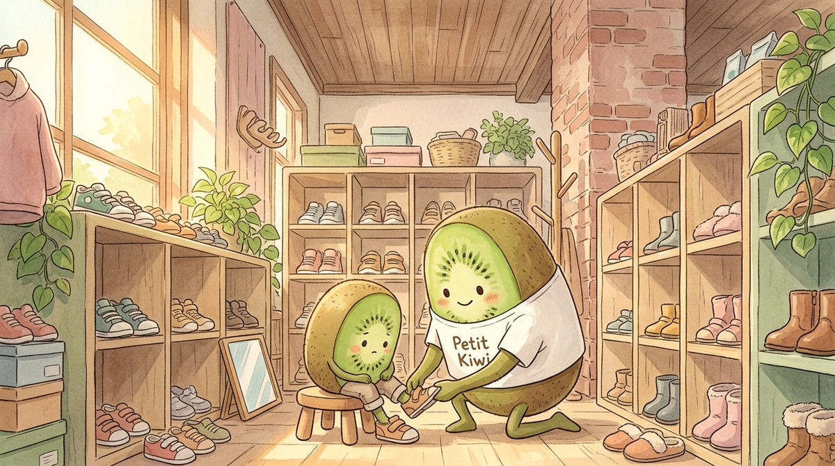 Vendeuse Petit Kiwi en t-shirt blanc aidant un enfant à essayer des chaussures de seconde main dans la boutique à Eghezée, illustration aquarelle style Ghibli