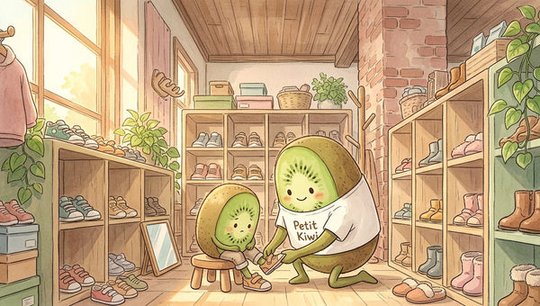 Vendeuse Petit Kiwi en t-shirt blanc aidant un enfant à essayer des chaussures de seconde main dans la boutique à Eghezée, illustration aquarelle style Ghibli
