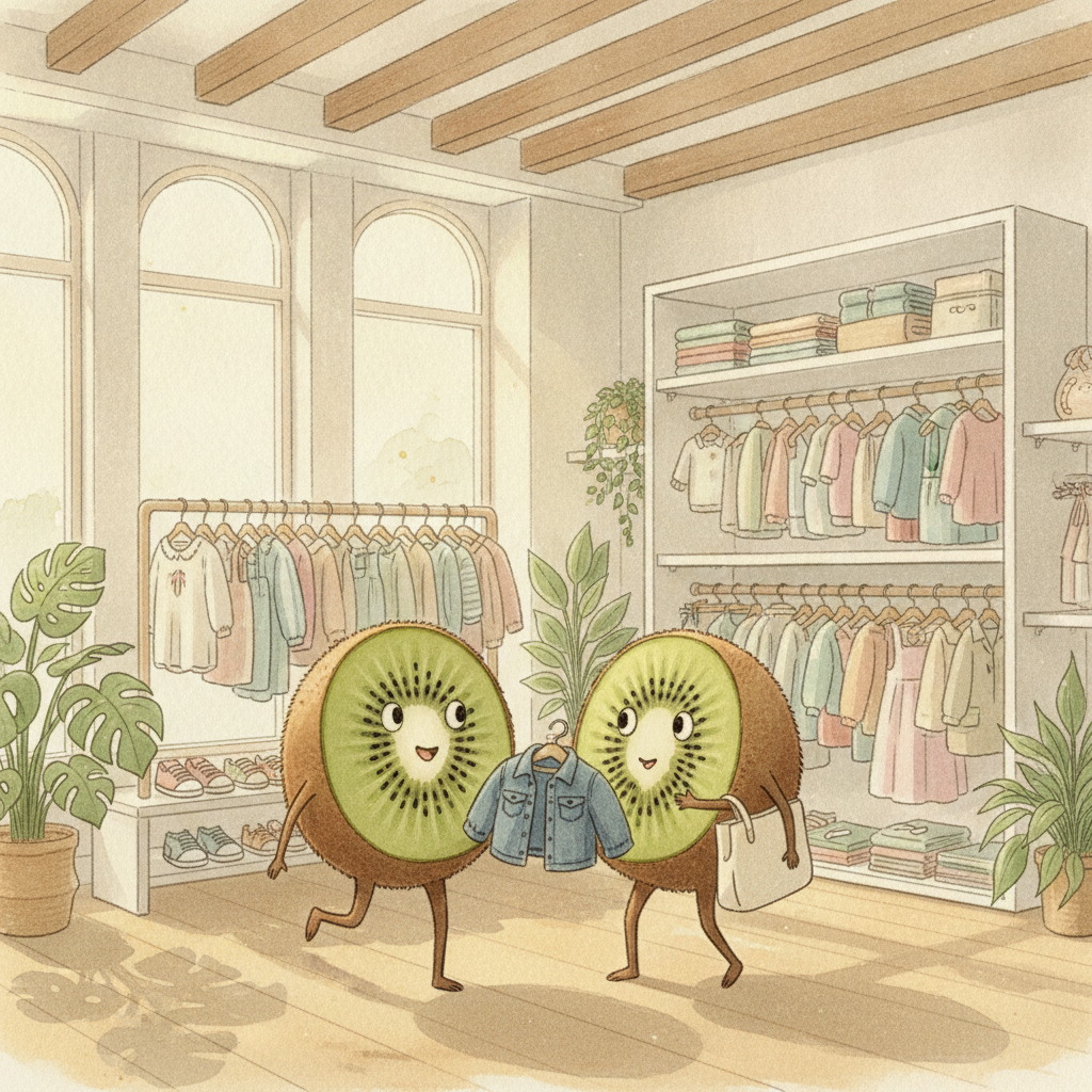Illustration Petit Kiwi — personnages kiwi-fruit en boutique de seconde main, ado qui découvre une veste avec bonheur, style aquarelle Ghibli