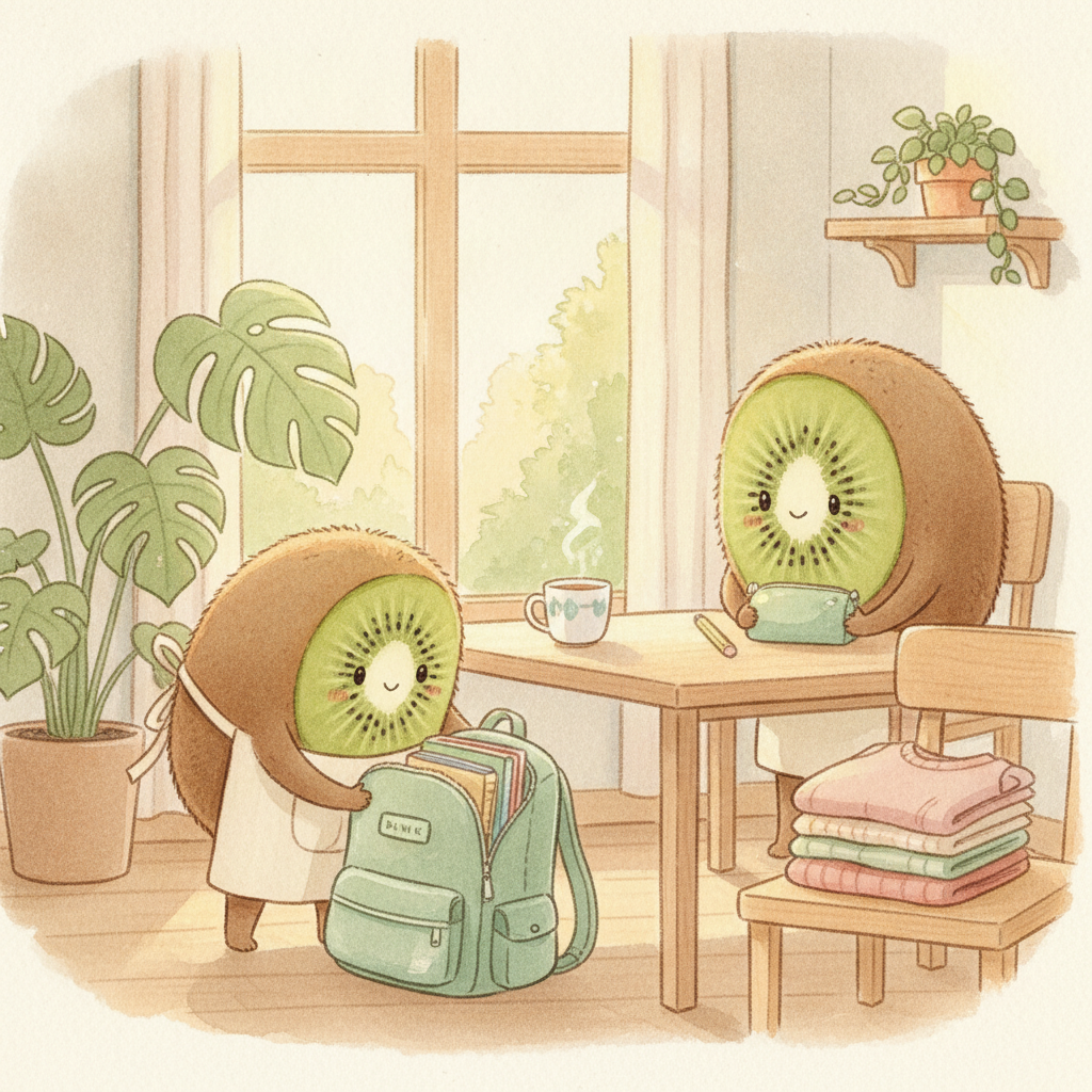 Illustration Petit Kiwi seconde main rentrée scolaire — famille kiwi-fruit préparant les cartables et fournitures pour l'école