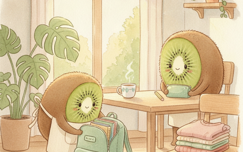 Illustration Petit Kiwi seconde main rentrée scolaire — famille kiwi-fruit préparant les cartables et fournitures pour l'école