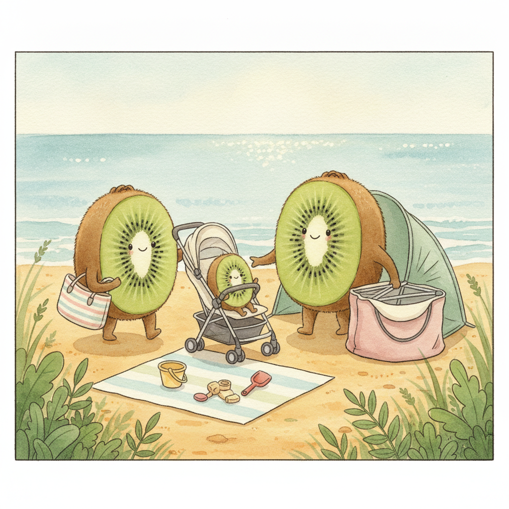 Illustration aquarelle de la famille Petit Kiwi en vacances d'été avec bébé, matériel de voyage seconde main