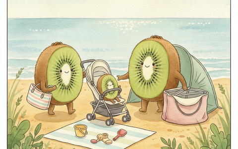 Illustration aquarelle de la famille Petit Kiwi en vacances d'été avec bébé, matériel de voyage seconde main