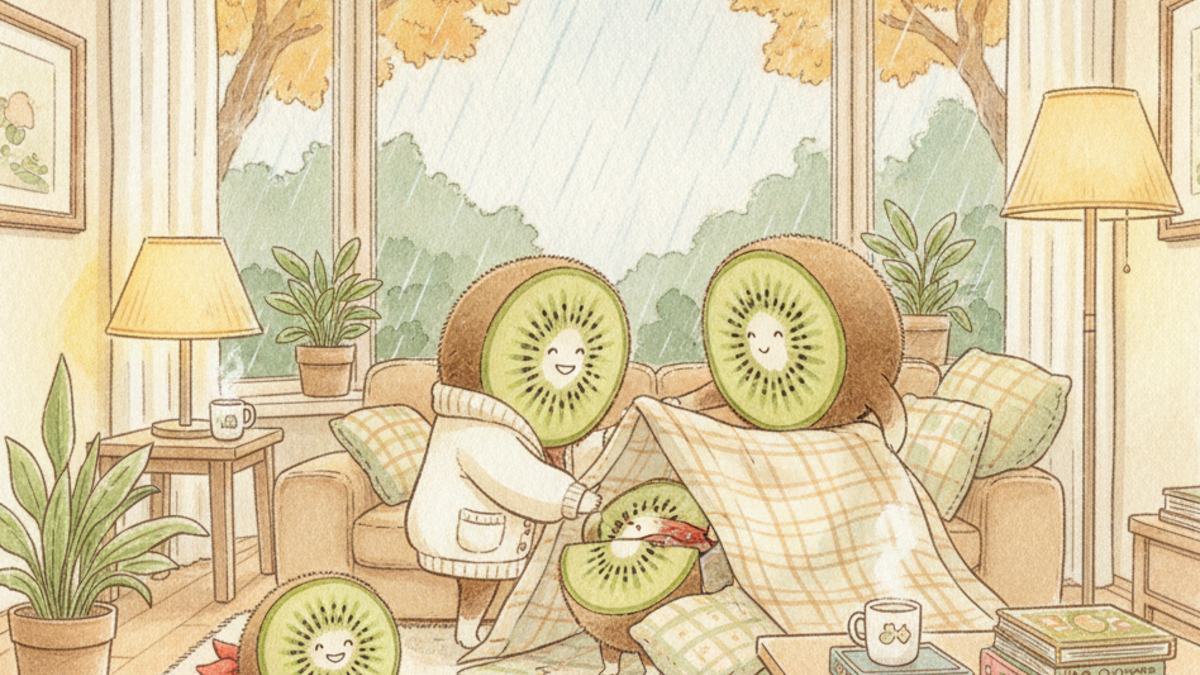 Famille de kiwis construisant une cabane de coussins un jour de pluie – jouets de seconde main Petit Kiwi