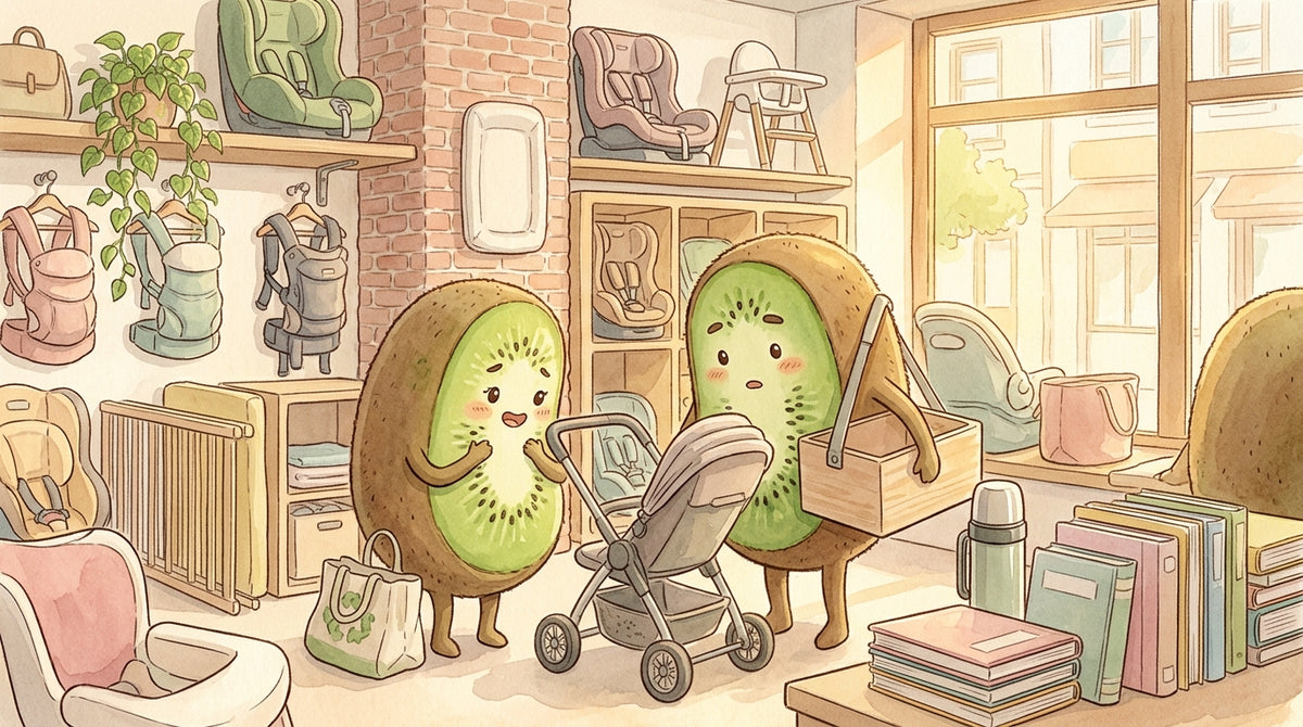 Famille kiwi-fruit découvrant des articles de puériculture d'occasion — poussette, siège-auto, porte-bébé — dans la boutique Petit Kiwi à Eghezée, illustration aquarelle style Ghibli