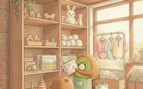 Famille kiwi-fruit choisissant des jouets en bois dans la boutique Petit Kiwi à Eghezée, illustration aquarelle style Ghibli pour notre guide seconde main par âge.