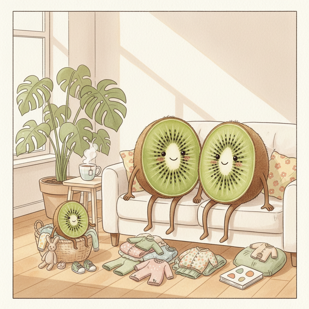 Maman Kiwi et Papa Kiwi à la maison entourés de vêtements d'enfants soigneusement triés — illustration aquarelle Petit Kiwi seconde main