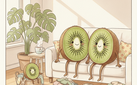 Maman Kiwi et Papa Kiwi à la maison entourés de vêtements d'enfants soigneusement triés — illustration aquarelle Petit Kiwi seconde main