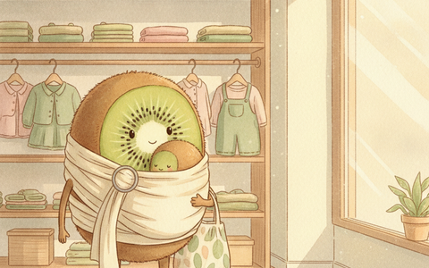 Illustration aquarelle d'un personnage kiwi portant un bébé en écharpe de portage, chez Petit Kiwi, seconde main
