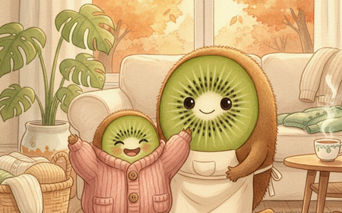 Illustration Petit Kiwi : Maman Kiwi trie des vêtements d'automne pour enfants dans un salon chaleureux, seconde main