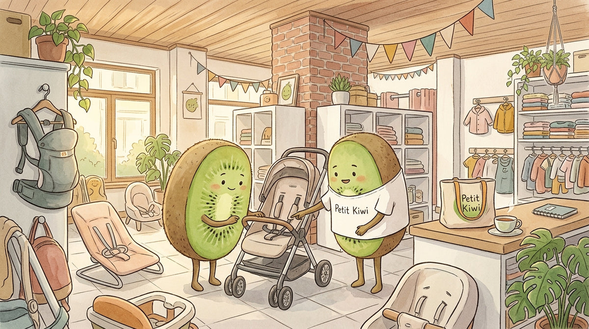 Illustration Petit Kiwi : une maman et une vendeuse inspectent ensemble une poussette d'occasion dans la boutique de seconde main pour enfants.