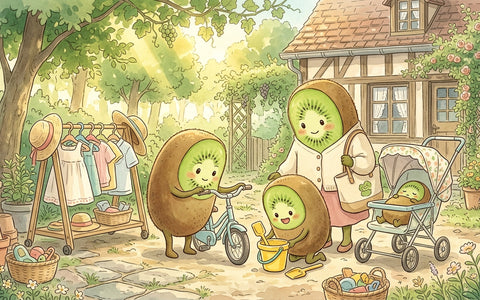 Famille de personnages kiwi qui choisissent des vêtements d'été et des jeux d'extérieur d'occasion — Petit Kiwi, seconde main pour enfants à Eghezée