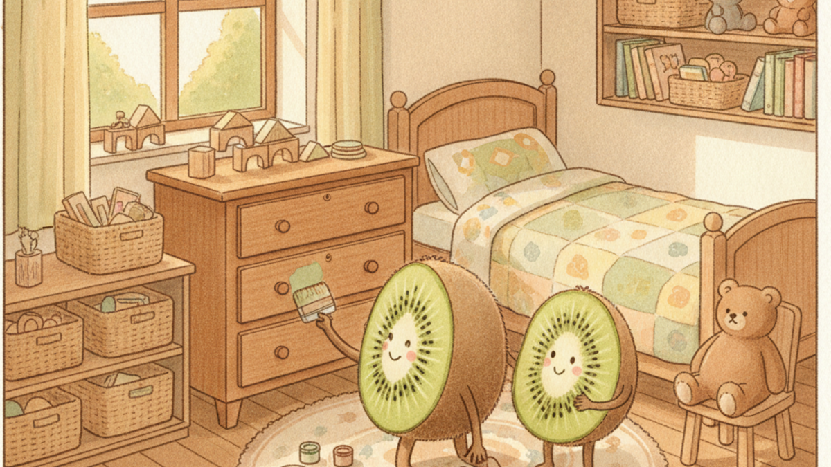 Deux personnages kiwi repeignent une commode dans une chambre d'enfant, mobilier de seconde main Petit Kiwi