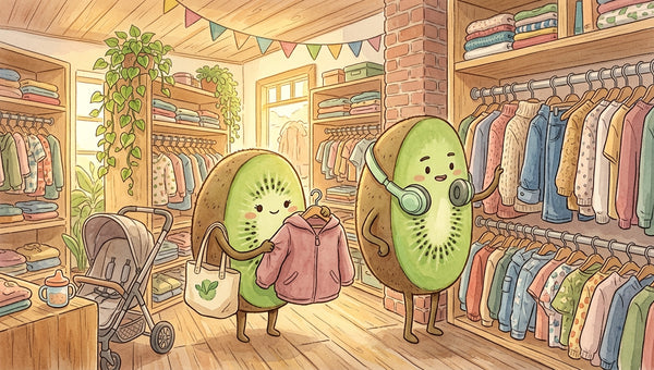 Maman kiwi-fruit et son ado parcourant les portants de vêtements de marque en seconde main chez Petit Kiwi à Eghezée, illustration aquarelle style Ghibli