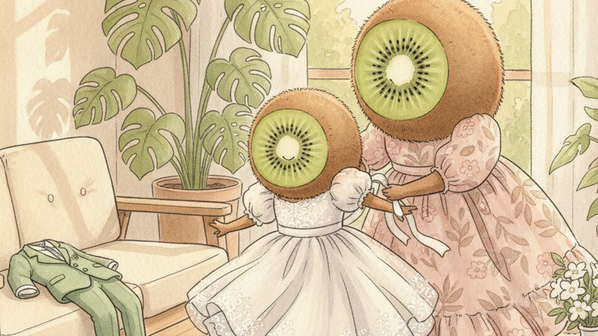 Personnages kiwi-fruit habillés pour une cérémonie familiale, tenues élégantes pour enfants en seconde main — Petit Kiwi