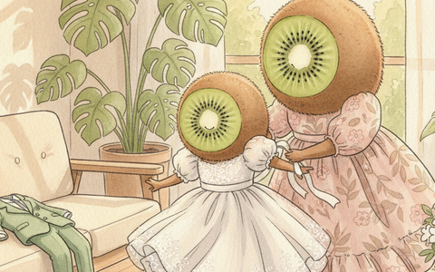 Personnages kiwi-fruit habillés pour une cérémonie familiale, tenues élégantes pour enfants en seconde main — Petit Kiwi