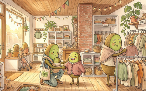 Famille de kiwi-fruits multigénérationnelle dans la boutique Petit Kiwi à Eghezée, choisissant des vêtements de seconde main pour enfants — illustration aquarelle style Ghibli évoquant la mode éco-responsable