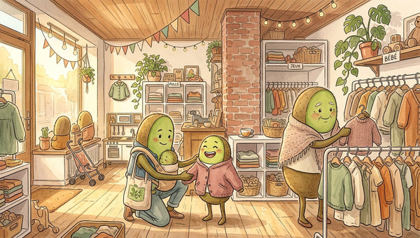 Famille de kiwi-fruits multigénérationnelle dans la boutique Petit Kiwi à Eghezée, choisissant des vêtements de seconde main pour enfants — illustration aquarelle style Ghibli évoquant la mode éco-responsable