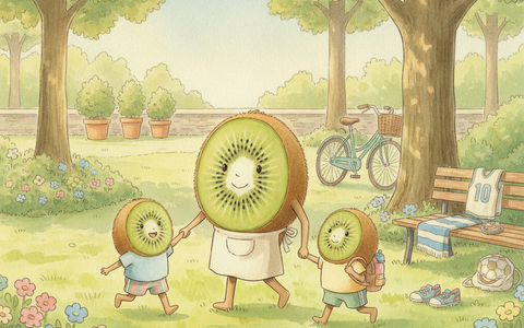 Illustration aquarelle de personnages kiwi-fruits jouant en plein air l'été — seconde main enfants Petit Kiwi